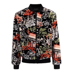 GUESS Hombre Unisex Chaqueta Bomber Blouson Negro Blanco Colorido Graffiti Eco Fur ¡NUEVO! - Imagen 1 de 3