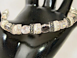Sterling Silver Onyx, Cubic Zirconia & Marcasite Beaded 8" Vintage Bracelet - Picture 1 of 10