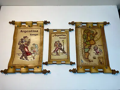 Vintage Leather Wood Argentina Map Tango Dancers Lot Of 3 Wall Decor 8.5” - 12” • 37.84$