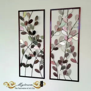 Pair Metal Frame Leaves Hanging Wall Art Sculpture Home Garden Decoration 80cm - Picture 1 of 3