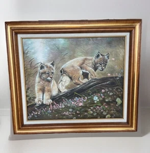 Frank Hagel Original Painting Two Bobcat Cubs Cat Flowers Framed 23"x31" Signed - Picture 1 of 17