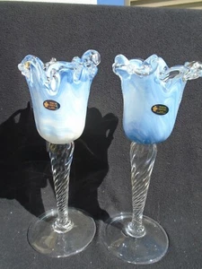 Murano White Cristal Blown Blue Swirl Glass Goblet Candle Holders - Picture 1 of 7