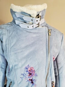 Romeo & Juliette Sky Blue FAUX fur Winter Embroidered Coat Jacket Warm New $285 - Picture 1 of 12