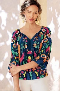 Soft Surroundings Women Banjara Embroidered Bohemian Peasant Blouse XS Navy READ - Picture 1 of 12