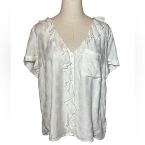 Maeve Anthropologie White Ruffled Button Up Women's Top Blouse L Polka Dot - Picture 1 of 8