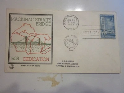 US COVER 1958 MACKINAC STRAITS BRIDGE FDC SCOTT 1109 TRI COLOR CACHET - Image 1 of 3