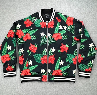 Men’s Forever 21 Size Large L Floral Tropical Black Red Green Bomber Jacket - Image 1 of 4