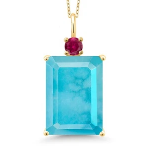 18K Yellow Gold Plated Silver Green Turquoise and Created Ruby Pendant Necklace - Picture 1 of 4