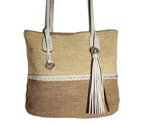BORSA A TRACOLLA BRIGHTON PARMA FERRARA MADAGASCAR RAFIA E VERA PELLE $350 - Foto 1 di 11