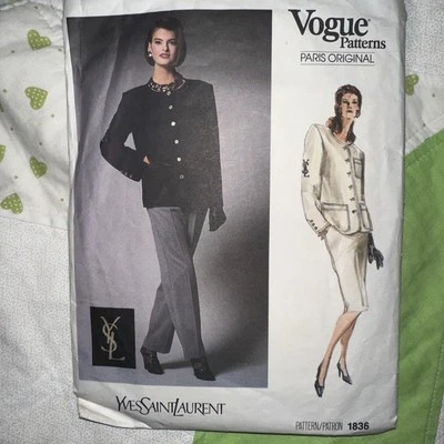 Vogue 1836 YSL Yves Saint Laurent Jacket Skirt Pant Transfer Sewing Pattern Sz10 - Image 1 of 4