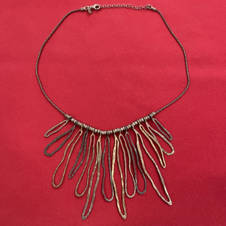 Israel Pz Sterling Silver 925 Tri Color Hammered Dangle Statement 18” Necklace - Image 1 of 4