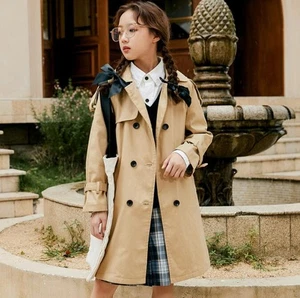 England Style Girls Cotton Long Trench Coat Outerwear Kids Child Casual Jackets - Picture 1 of 15
