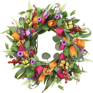 Frühling Sommer Kranz für Haustür 22 Zoll Künstlicher Tulpenkranz mit Eukalytik - Bild 1 von 7