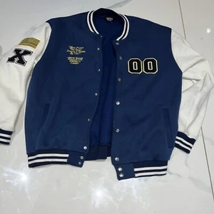 TALL JERSEY VARSITY BOMBER JACKET WITH BADGES - Picture 1 of 8