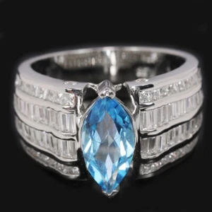 ANELLO ARGENTO 925 TOPAZIO BLU SVIZZERO TAGLIO MARQUISE GEMMA E ZIRCONI BIANCHI MISURA 8 - Foto 1 di 6