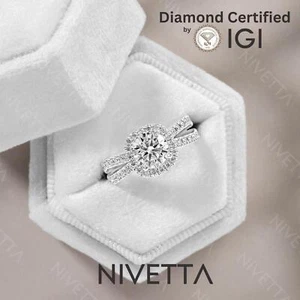 3.74 ct Lab Grown Round Cut Halo Double Row Diamond Engagement Ring VS1 D Pave - Picture 1 of 9