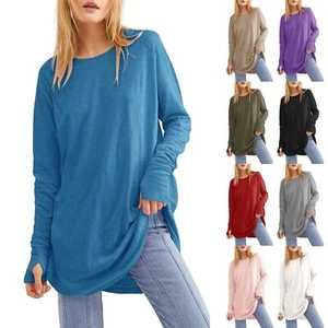 Women's Casual Long Sleeve Tops Crew Neck Round Hem Loose T-Shirts Tunic Tops - Picture 1 of 21
