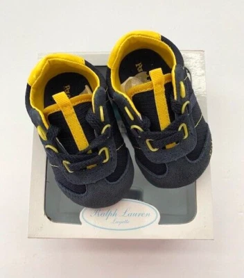 Ralph Lauren Polo Layette infant baby  sz 2 navy sneaker shoes yellow trim laces - Image 1 of 4