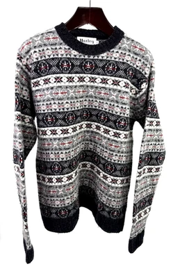 Harley Of Scotland Fair Isle Sweater Sz XL Shetland Crew Neck Black White Red - Image 1 of 4