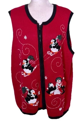 Women’s Red Full Zip Ugly Christmas Sweater Vest Skiing Penguins Size 2X - Image 1 of 4