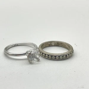 Silver Tone Engagement Ring Womens Solitaire Crystal & Beaded Band Lot of 2 - Picture 1 of 11
