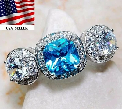  Anillo de plata de ley 925 de aguamarina natural y topacio de 3 quilates talla 6 G1-9 Foto 1 de 3