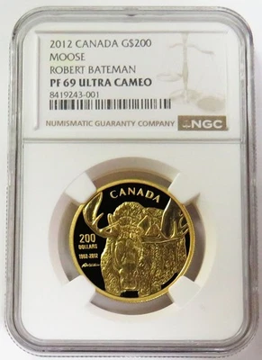 2012 GOLD 359 MINTED CANADA $200 ROBERT BATEMAN 1oz MOOSE 1oz NGC PF 69 UC - Image 1 of 2