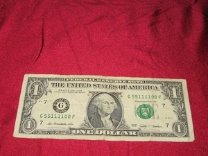 US $1 Note, Fancy Serial #G55111100F, Series 2009 - Picture 1 of 2