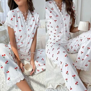 Damen Spitzenbesatz Kurzarm Oberteil Lange Hose für Kirschmuster 2-teiliges Pyjama Set - Bild 1 von 36