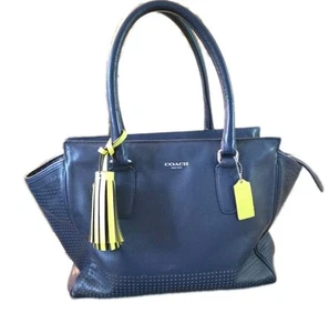 Coach Legacy Perforated Navy Blue & Bright Citrine Accents Tote Shoulder Bag - Picture 1 of 14