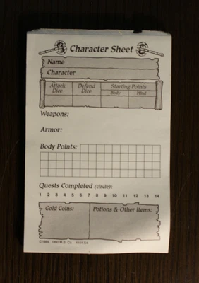 Milton Bradley Character Sheet Pad 1990 HeroQuest hero quest Vintage - Image 1 of 3