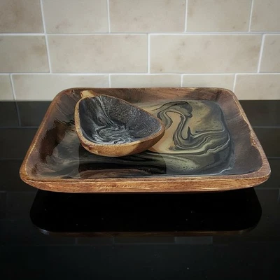 Decorative Wood Chip & Dip Set With Enamel Abstract Swirl Earth Tones - Image 1 of 4