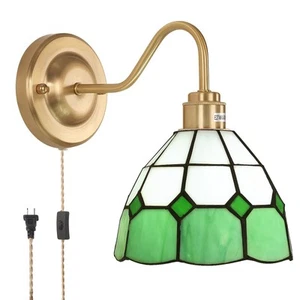 Vintage Wall Sconce, Wall Lamps with Green White Checker Sconce, Stained Glas... - Picture 1 of 9