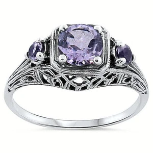 ART DECO STYLE GENUINE AMETHYST 925 STERLING SILVER 3 STONE FILIGREE RING 193Z - Picture 1 of 4