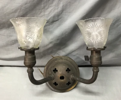 Antique Single Gothic Mission Brass Double Arm Glass Sconce Light Old 727-25B - Image 1 of 4