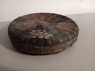 Chinese sewing (A Little Ware) basket Wicker Round Glass 8.5” VTG woven (Pa) - Image 1 of 4