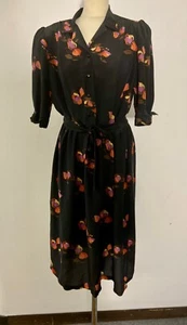 Womens Vintage 80s Black Floral Print Dress | short-sleeved Shirt Dress - Picture 1 of 10