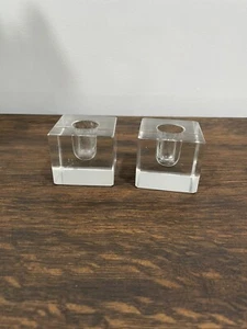 Pair of Mid Century Clear Glass Cube Candle Stick Bases - Picture 1 of 5