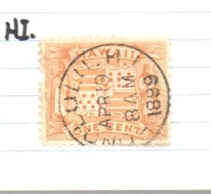 Hawaii Stamp Sc74 yellow 1 cent 1894 Coat of Arms used FANCY CANCEL 1899 H,HI. - Picture 1 of 7