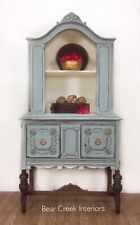 Blue Jacobean Antique Hutch Quilt Cabinet with White Interior and Stained Legs