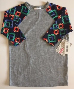 NWT LuLaRoe Kids' SLOAN Size 6 BASEBALL TEE Grey with Navy AZTEC Sleeves UNICORN - Picture 1 of 4