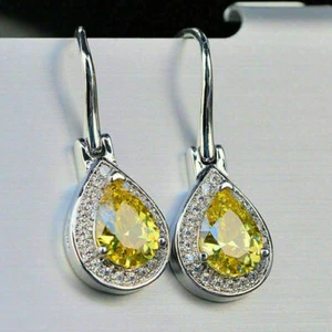 4.0Ct Sparkling Yellow Citrine Drop/Dangle Women's Earring 14K White Gold Finish - Picture 1 of 4