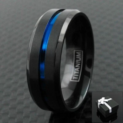 6/8mm Black Titanium Men's Thin Blue Line Brushed Wedding Band Ring - Image 1 of 4