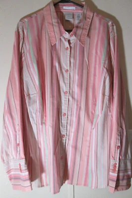 Blusa Emma James Mujer Talla 24W Melocotón, Rosa Rayas Elastizada Manga Larga Botón Foto 1 de 4