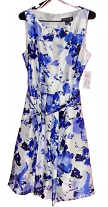 Jessica Howard NWT Sz 12 Princess cut Belted Waist Full Skirt Blue/Navy/White - Picture 1 of 18