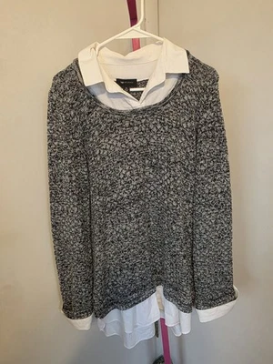 AB Studio Black Sweater Blouse Top | Size XL | Collared Knit Layered Look - Image 1 of 4