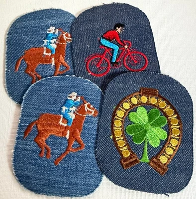 4  NEW Vintage Denim Embroidered Iron On Patches 4" x 3" Horse Clover Bicycle - Image 1 of 2