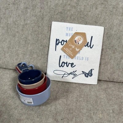 Dolly Parton Measuring Cup Set & Reusable Sponge Cloths Butterfly Pattern New Foto 1 de 4