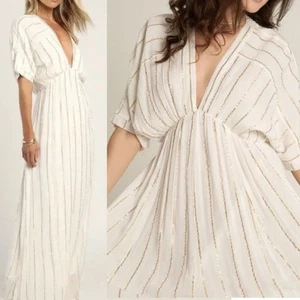 Lulus Goddess Vibes Maxikleid elfenbein gold gestreift Dolmanärmel Größe XL neu mit Etikett - Bild 1 von 16
