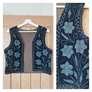 Vtg Hand Made Boho Ethnic Hippy Embroidered Velvet Folk Waistcoat Vest s m l - Picture 1 of 15